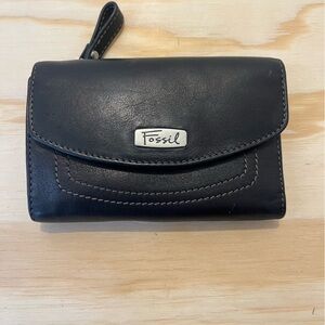 Fossil Black Leather Tri Fold Wallet ID Holder